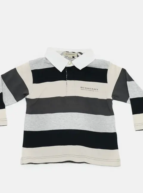 Burberry Kids Beige/Blue Striped Jersey Long Sleeve Polo T-Shirt 18M