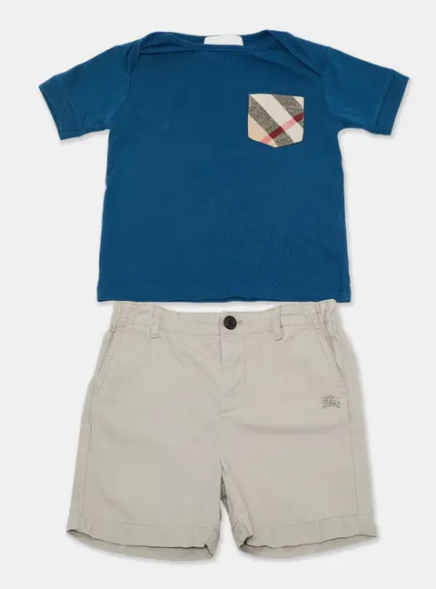 Burberry Blue/Beige Cotton 2 Piece Shorts and T-shirt Set 2 Yrs