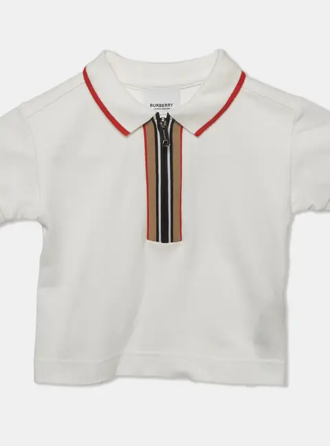 Burberry Kids White Icon Striped Pique Knit Polo Shirt 18 M