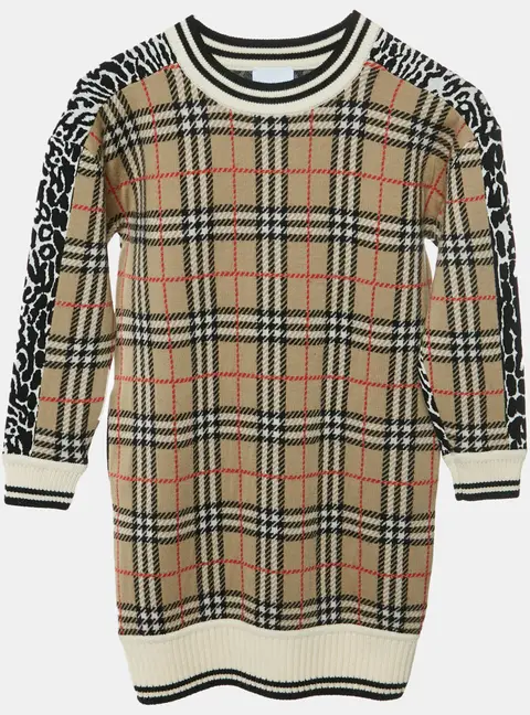 Burberry Kids Multicolor Plaid and Leopard Jacquard Knit Sweater Dress 8 Yrs