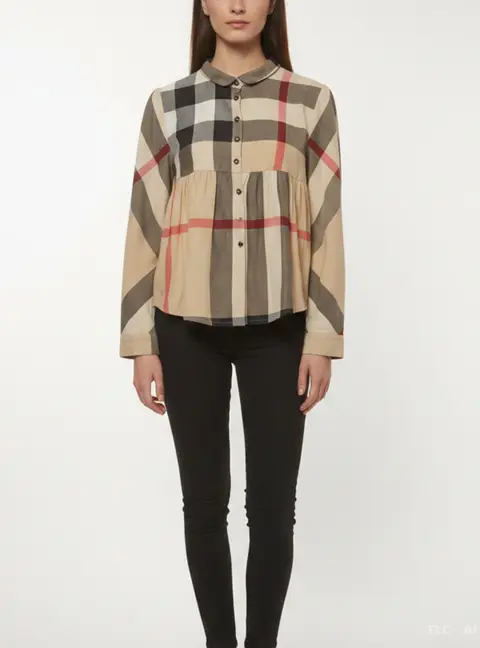 Burberry Kids Beige Checked Herringbone Cotton Top 12 Yrs