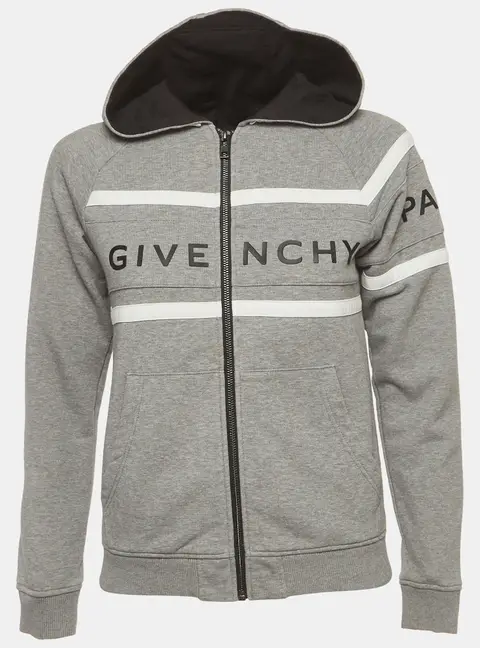 Givenchy Kids Grey Logo Striped Cotton Knit Zip-Up Hoodie 10 Yrs
