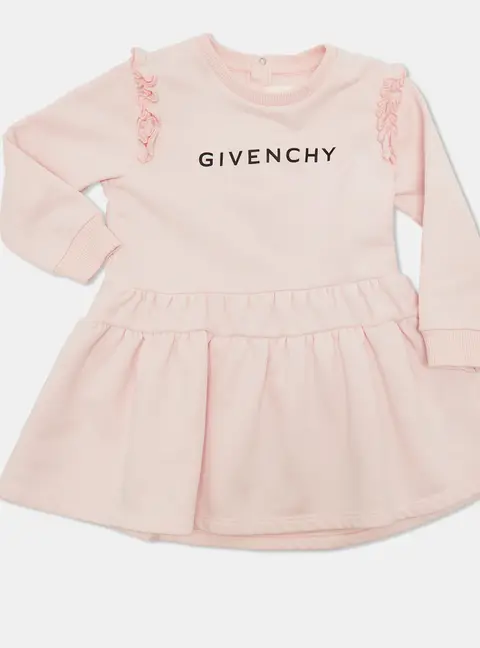 Givenchy Kids Pink Logo Print Cotton Ruffled Dress 2Yrs