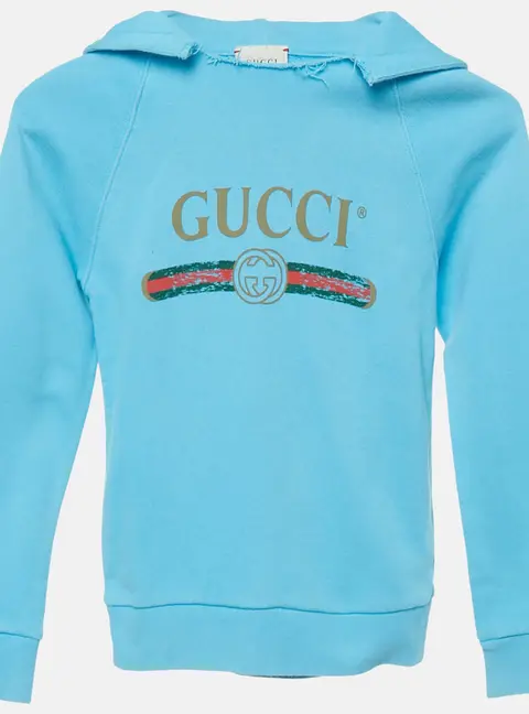 Gucci Kids Blue Logo Print Cotton Distressed Hoodie 6 Yrs