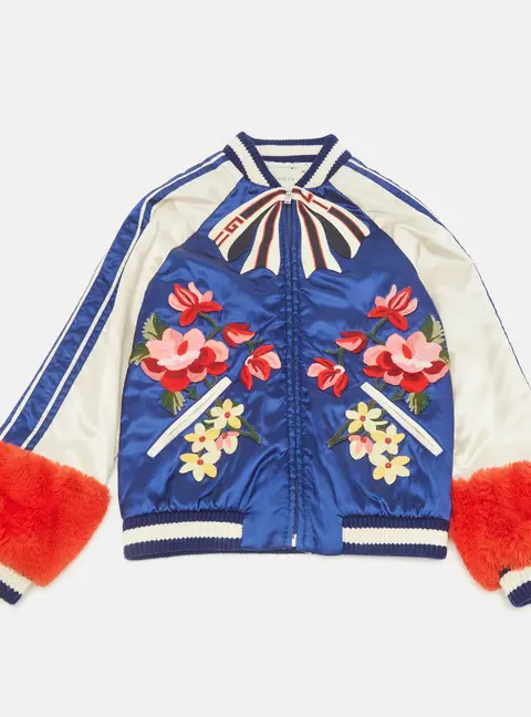 Gucci Kids Blue /White Embroidered Synthetic Faux Fur Trim Bomber Jacker 10 Yrs