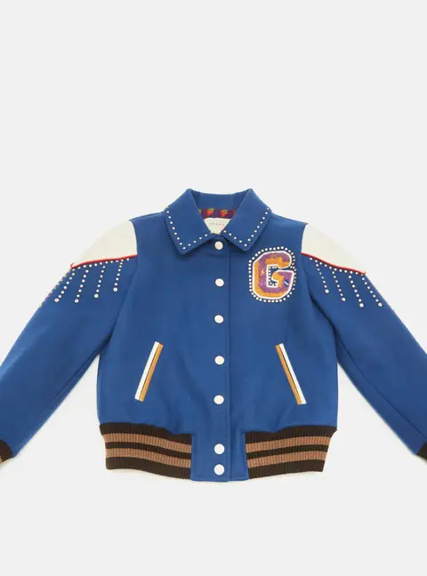 Gucci Kids Blue Embellished Wool Leather Trim Bomber Jacket 10 Yrs