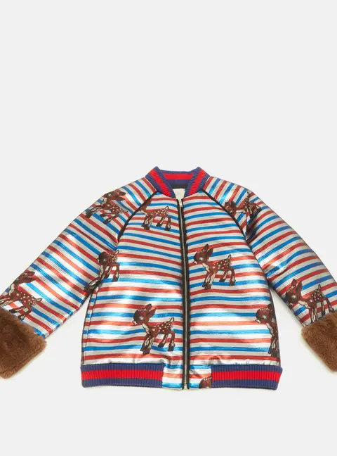 Gucci Kids Multicolor Striped Glitter Faux Fur Trim Bomber Jacket 10Yrs
