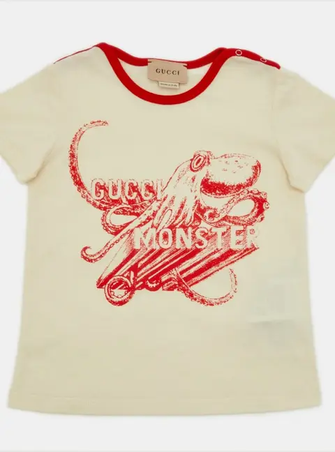 Gucci Kids Cream Monster Octopus Print Cotton T-Shirt Size 12-18 M