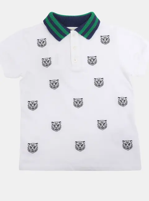 Gucci White/Blue Tiger Print Web Collar Jersey Polo T-Shirt 6 Yrs