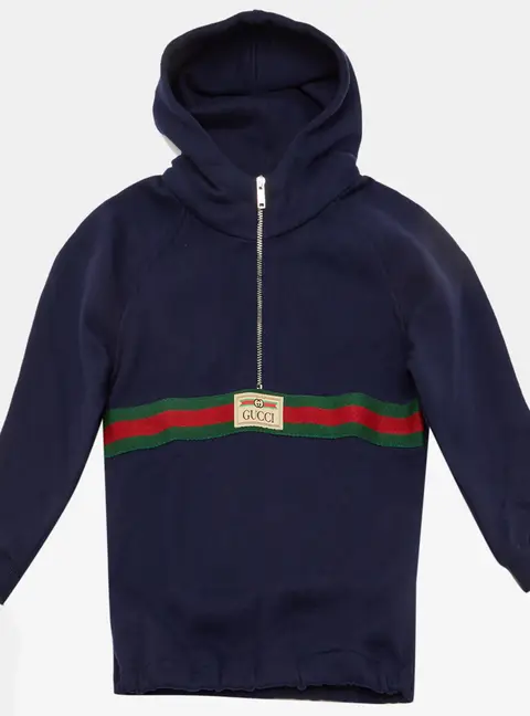 Gucci Kids Navy Blue Cotton Web Striped Hoodie Size 12-18 M