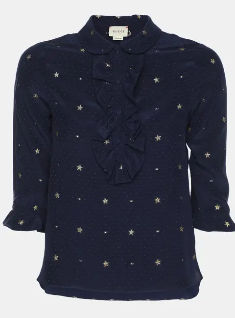 Gucci Navy Blue Silk Star Embroidered Ruffled Blouse 10Y