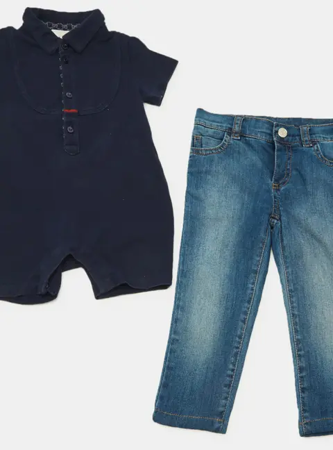 Gucci Kids Blue Cotton and Denim Onesie Set 6/9M and 9/12M