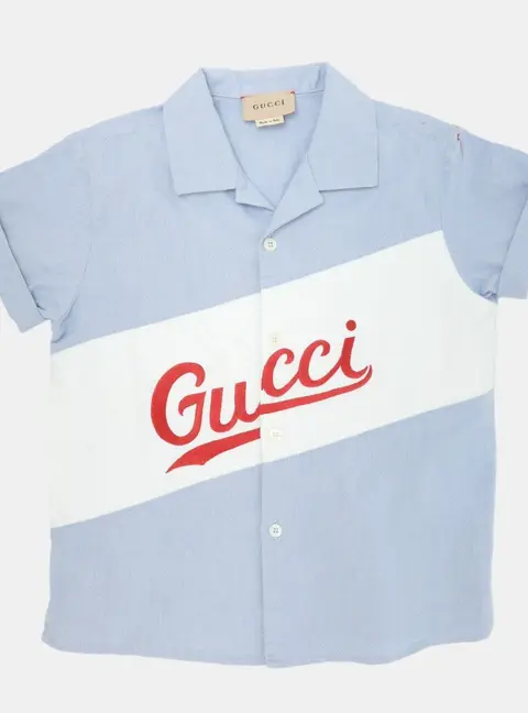 Gucci Light Blue/White Logo Embroidered Oxford Cotton Bowling Shirt 24 months