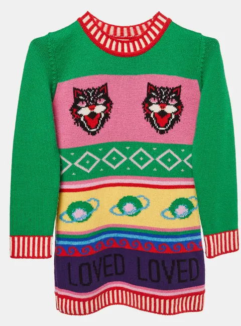 Gucci Green Intarsia Wool Knit Sweater Dress 8Y