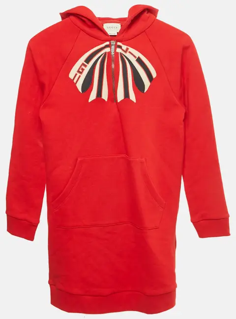 Gucci Kids Red Bow Detail Cotton Hooded Dress 8Yrs
