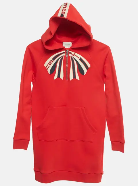 Gucci Kids Red Bow Applique Cotton Hooded Dress 8Yrs