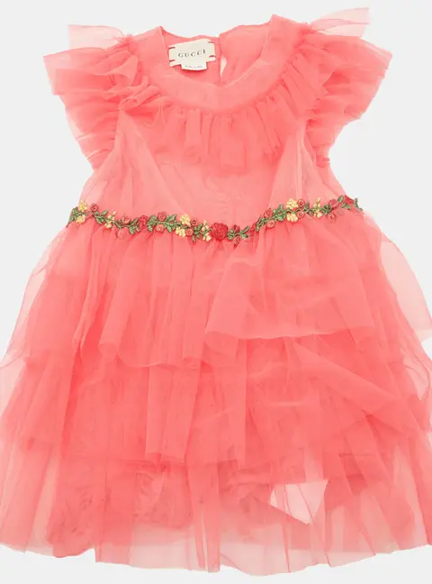 Gucci Kids Pink Floral Embroidered Trim Tulle Dress 18-24 M
