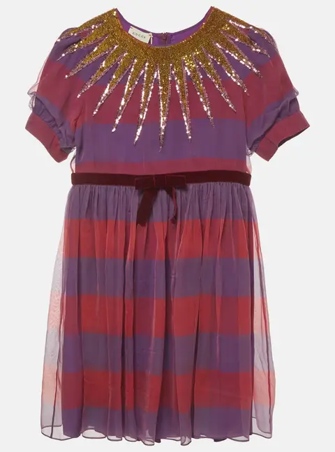 Gucci Kids Striped Sunburst Sequined Silk Puff Sleeves Dress 12Yrs