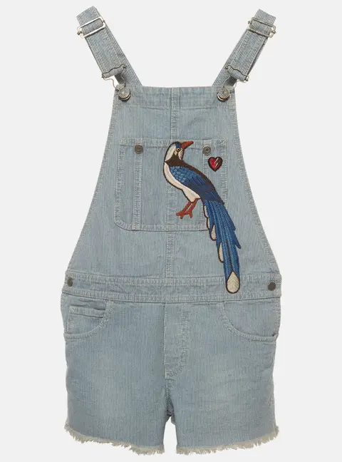 Gucci Kids Blue Striped Bird Embroidery Denim Overalls 12 Yrs