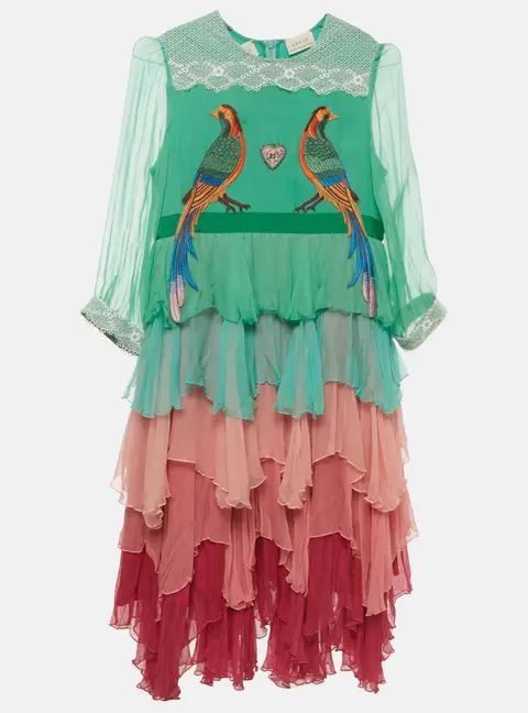 Gucci Kids Multicolour Embroidered Chiffon Tiered Dress 12 Yrs