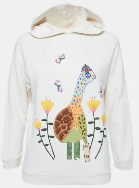 Gucci Kids Cream Cotton Knit Embroidered Hooded Sweatshirt 10Yrs