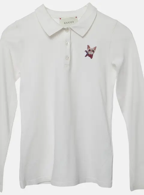 Gucci Kids White Pique Knit Cat Embroidered Polo Shirt 8 Yrs