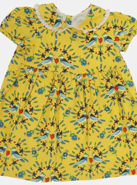 Gucci Yellow Multicolor Bird Printed Cotton Dress 12-18 months