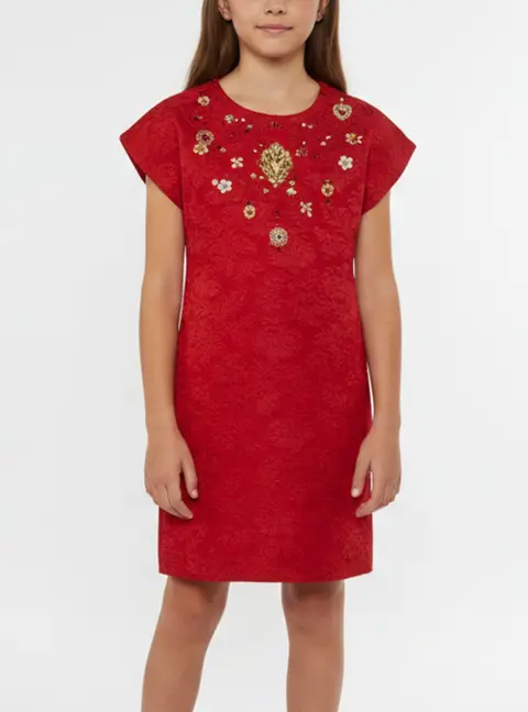 Dolce & Gabbana Red Floral Jacquard Embellished Dress 11/12 Yrs