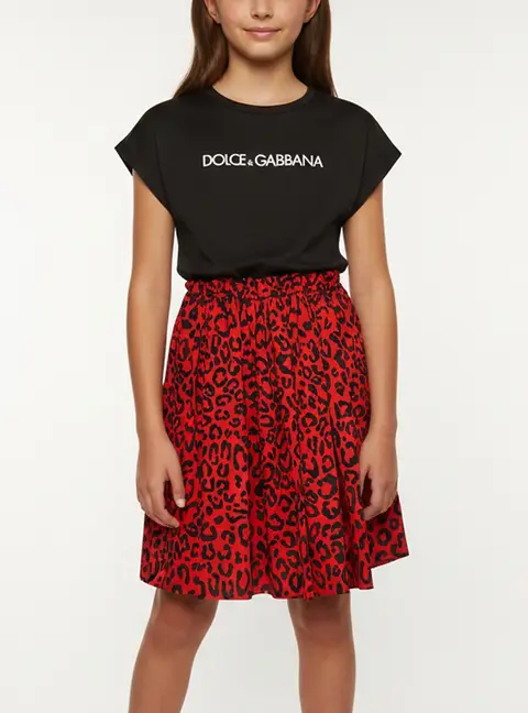Dolce & Gabbana Kids Black/Red Leopard Print Jersey and Gabardine Dress 12 Yrs