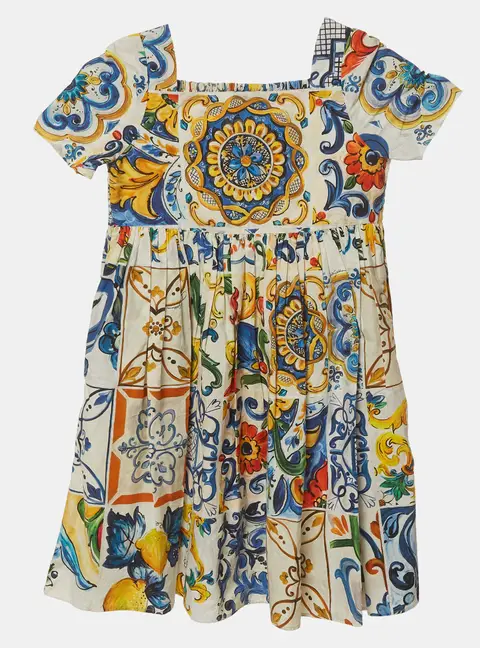 Dolce & Gabbana Kids Multicolor Majolica Print Poplin Dress 4 Yrs