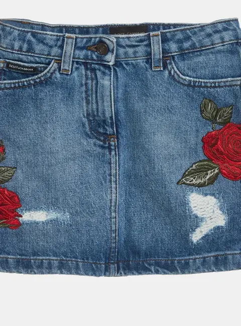 Dolce & Gabbana Kids Blue Floral Appliqu&eacute; Distressed Denim Skirt 5 Yrs