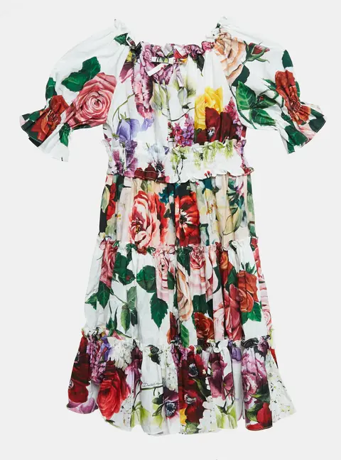 Dolce & Gabbana Kids White/Red Floral Print Poplin Tiered Dress 6 Yrs