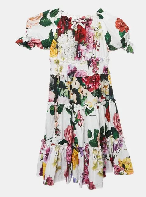 Dolce & Gabbana Kids Multicolor Floral Print Poplin Shirring Detail Dress 7/8 Yrs