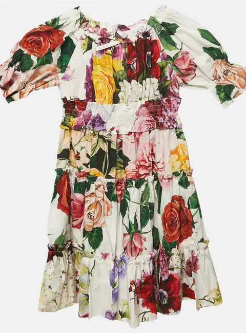 Dolce & Gabbana Kids White Floral Print Cotton Tiered Dress 3 Yrs