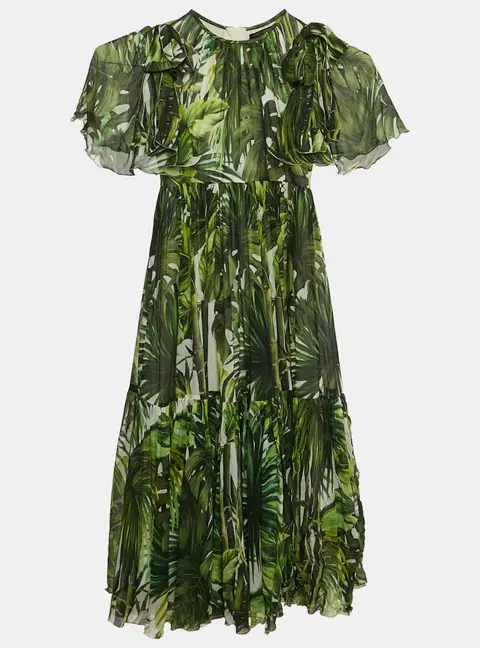 Dolce & Gabbana Green Tropical Print Silk Flounce Dress 7/8 Yrs