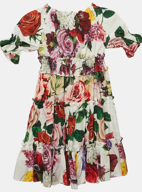 Dolce & Gabbana Kids White Floral Print Cotton Tiered Dress 4 Yrs