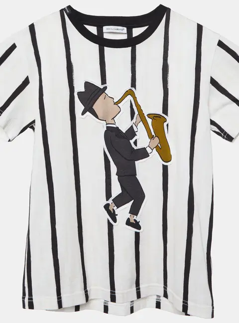 Dolce & Gabbana Kids Ivory Saxophonist Patch Striped Cotton T-Shirt 6Yrs