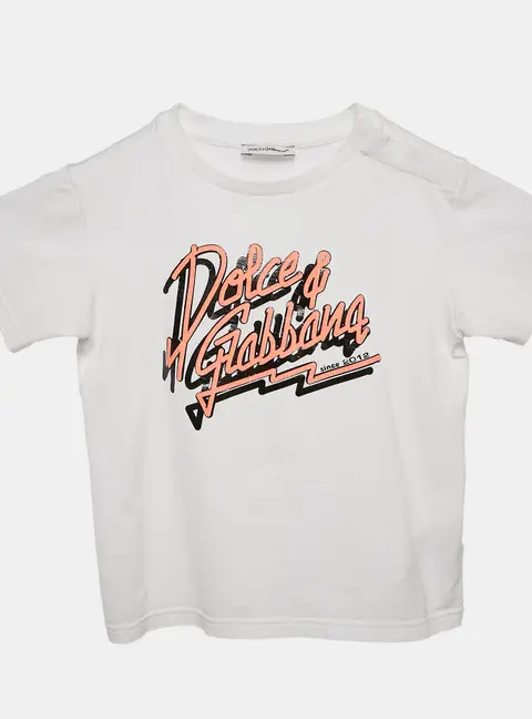 Dolce & Gabbana Kids White Logo Print Cotton Crew Neck T-Shirt 24-30 M