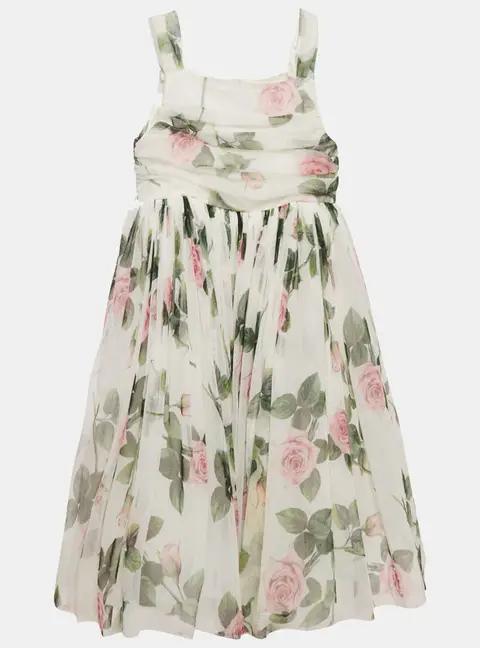 Dolce & Gabbana Kids White Tropical Rose Print Tulle Midi Dress 11/12 Yrs