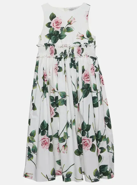 Dolce & Gabbana Kids White Floral Print Poplin Shirred Waist Midi Dress 11/12 Yrs