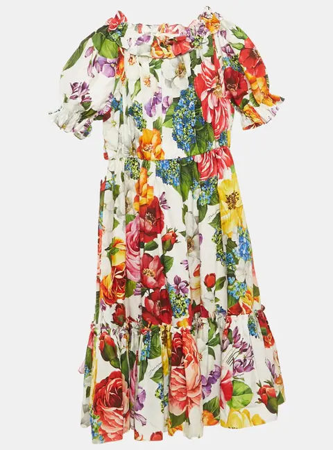 Dolce & Gabbana Kids Multicolor Floral Print Cotton Tiered Dress 11/12 Yrs