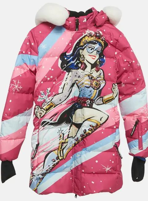 Dolce & Gabbana Pink Printed Synthetic Fur Trim Down Jacket Size11/12Yrs