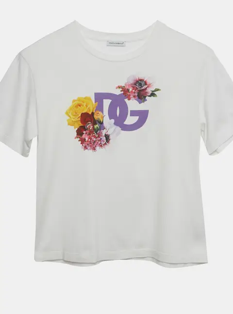 Dolce & Gabbana White Floral DG Logo Cotton Knit T-Shirt 11/12 Yrs