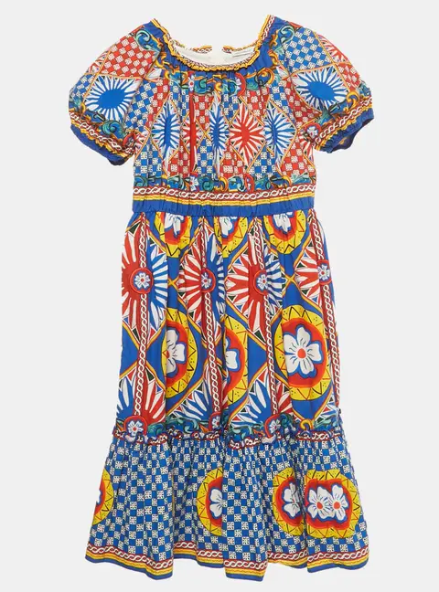 Dolce & Gabbana Multicolour Carretto Print Cotton Puff Sleeve Dress 11/12 Yrs