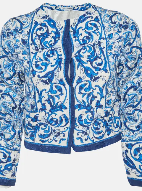 Dolce & Gabbana White/Blue Majolica Print Silk Blend Crop Jacket 11-12 Yrs