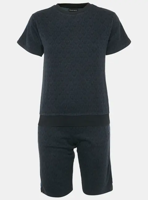 Emporio Armani Navy Blue All Over Eagle Print Cotton Knit T-Shirt & Shorts Set 12Yrs