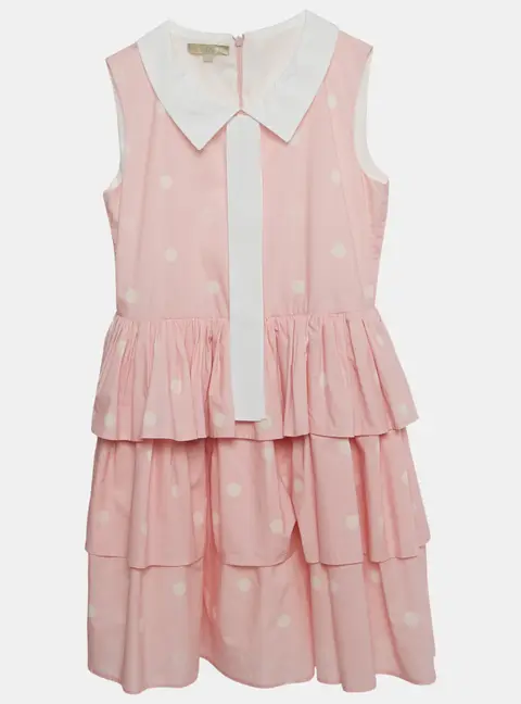 Elie Saab Kids Pink Polka Dots Cotton Tiered Dress 12Yrs