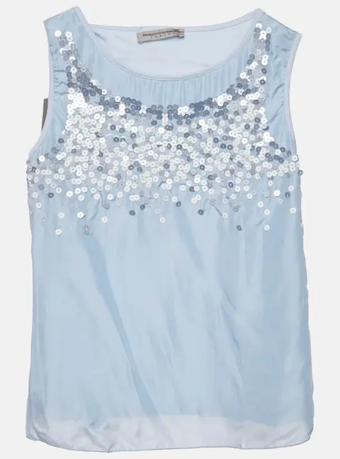 Ermanno Scervino Blue Sequin Crepe and Cotton Knit Sleeveless Top 10 Yrs