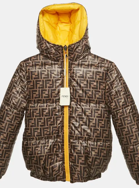 Fendi Brown/Yellow Zucca Nylon Reversible Puffer Jacket 9Yrs