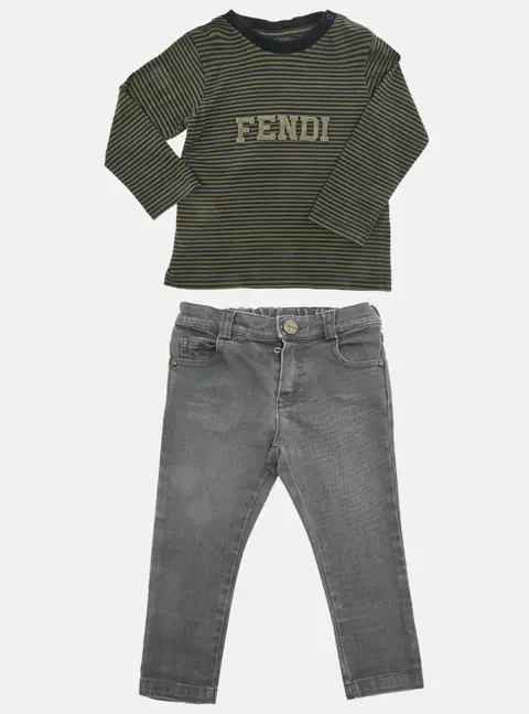 Fend Kids Grey /White Top Cotton & Denim 3 Piece Set 18 Months